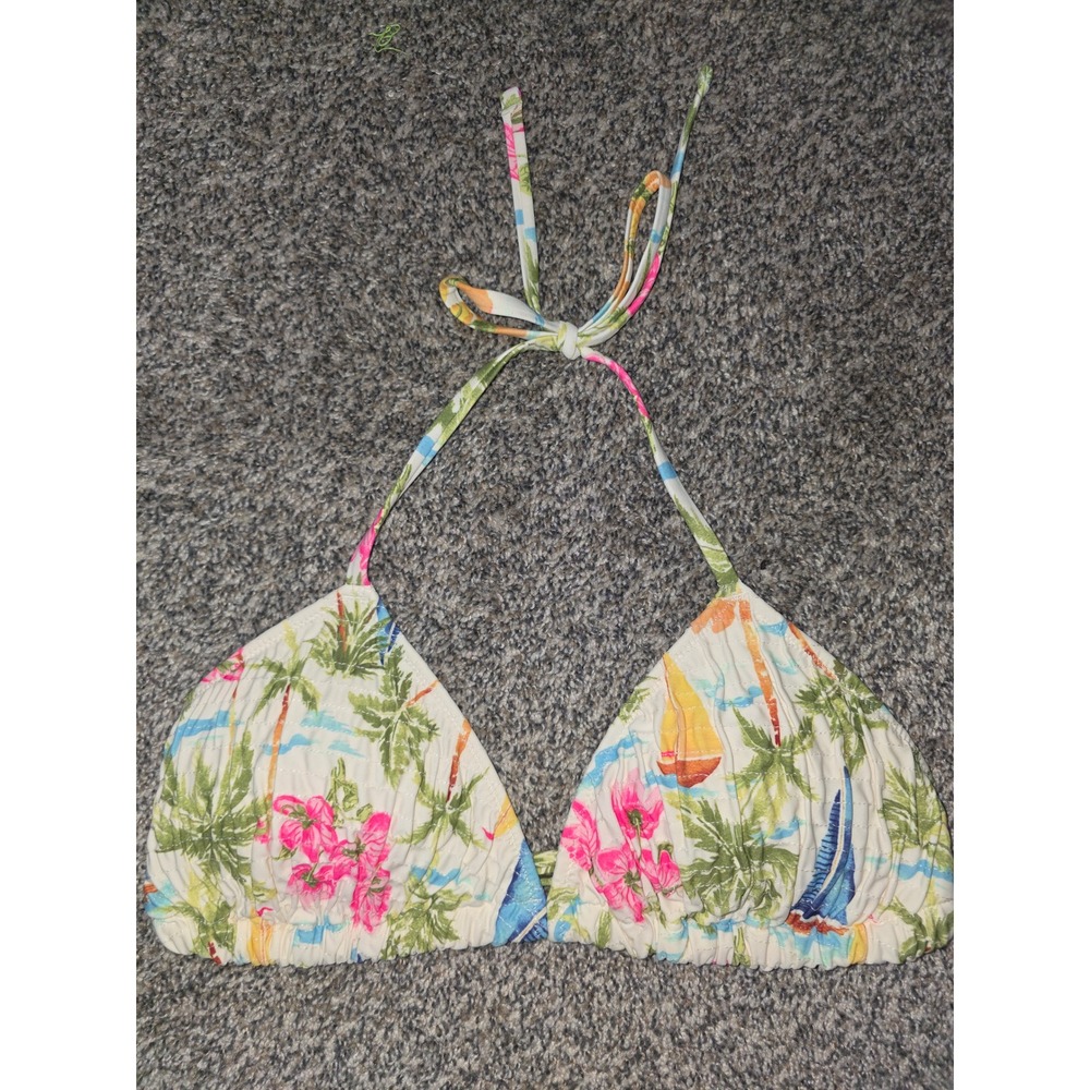 Old Navy Women Tropical Palm Tree Sailboat Triangle Bikini Top Cream Pink Medium